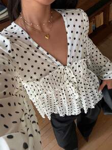 Serisse Women's White With Black Polka Dots Babydoll Top,Elegant Vintage V-Neck Lantern Sleeve Tie Front Blouse,French Style Ruffled Top For Summer Tea Party - Black and White - View 6