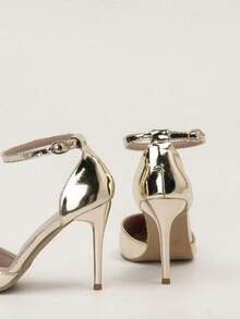 Ellevyn Sandalias de tacón alto con punta puntiaguda y tiras caladas para mujer, Otoño/Invierno 2025, Sexy, Tacones para mujer - Dorado - Ver 3