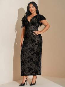 SHEIN Tall CURVE Đầm ôm sát cổ chữ V họa tiết lưới hoa cỡ lớn thanh lịch dành cho nữ, dáng dài, ôm sát, tôn dáng, thích hợp mặc hàng ngày, đi chơi, hẹn hò, trà chiều - màu đen - Xem 3