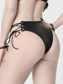 ROMWE Grunge Punk 女士暗黑朋克风PU镂空系带丁字裤 - 黑色 - 查看 3