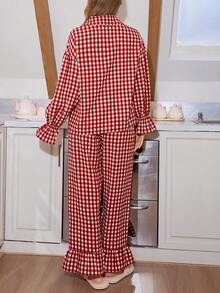 SweetSlumber Valentine's Day Peter Pan Collar Flare Sleeve Heart Button Gingham Print Oversized Women Pajama Set, Winter Clothes - Red and White - View 2