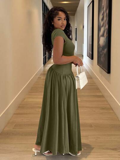 Alexandranx Elegant Minimalist Solid Color Short Sleeve Fitted Stand Collar Asymmetric A-Line Waisted Long Dress For Daily Wear