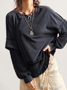 Bohemela 波西米亚风圣诞新年服装拼接二合一休闲纯色针织圆领长袖宽松女式卫衣，冬季 - 黑色 - 查看 2