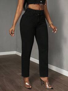 SHEIN Tall CURVE Plus Size Casual Asymmetric Waist Tapered Washed Denim Jeans - Black - View 4