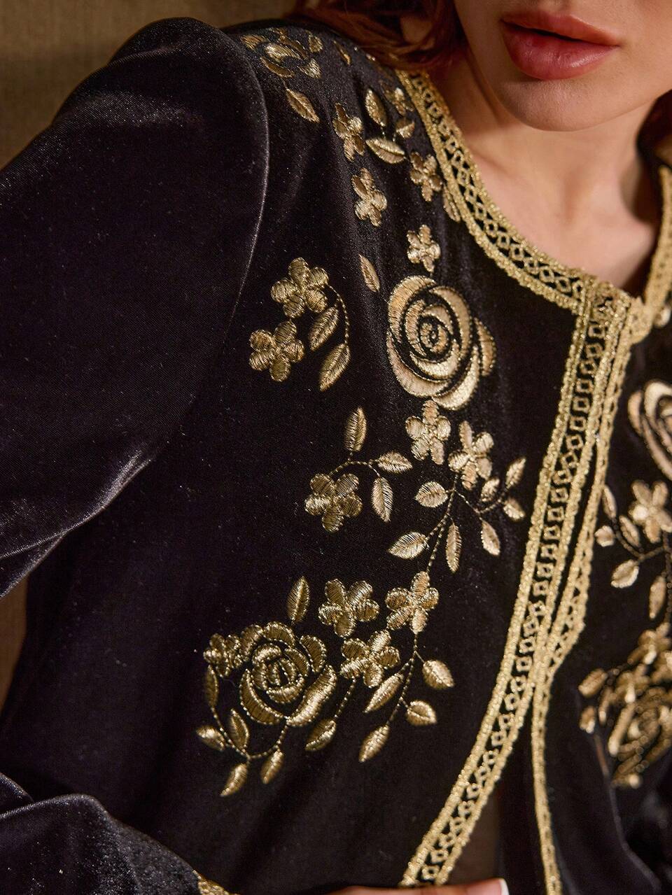 BLACK VELVET EMBROIDERED FLORAL PATCHWORK JACKET