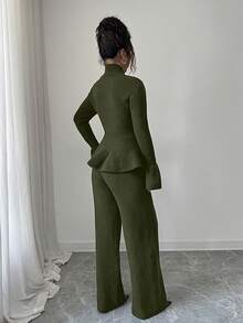 Elenzga Bộ 2 món: Áo khoác cardigan cổ đứng tay loe thắt eo thanh lịch dành cho người đi làm thường ngày màu xanh lam & áo len dệt kim ống đứng, Thu/Đông - màu xanh lá - Xem 2