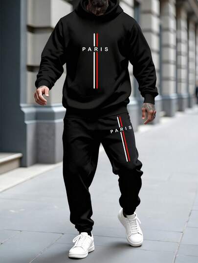 Manfinity Homme 2pcs Men's Casual Versatile Paris Letter Graphic Hoodie And Pants Set, Suitable For Commuting, School Uniform, Daily Casual And Sports, Men's Sportswear For Autumn/Winter