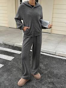 DAZY Ensemble 2 pièces veste à capuche et pantalon de couleur unie décontractée pour femmes, automne