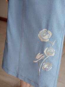 MOTF PREMIUM WOMEN'S EMBROIDERED A-LINE SKIRT WITH SPLIT - Blue - View 5