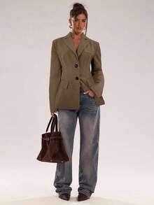SHEIN BAE Women's Casual Single-Breasted Long Sleeve Blazer - Khaki - View 3