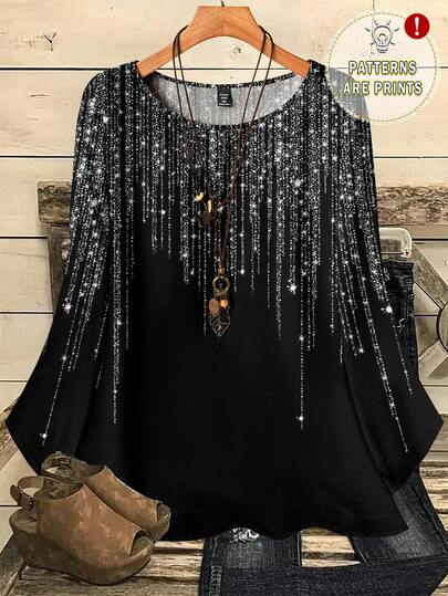 EMERY ROSE Plus Size Women Casual All-Over Print Round Neck Loose 3/4 Sleeve Shirt, Autumn/Winter Sequin Top Women Black Rhinestone Top Boho Tops Plus Size Black Sparkly Top Black Sequin Top Fancy Tops For Women