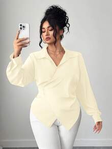 Elenzga Áo cánh tay dài thanh lịch viền bất đối xứng màu trơn cỡ lớn dành cho nữ - Màu be - Xem 3