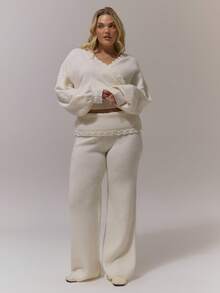 MUSERA Fold Over Crochet Trim Knit Wide Leg Trousers , Autum, Winter, Cosy, , Everyday Sweater Pants Spring Spring - Apricot - View 1