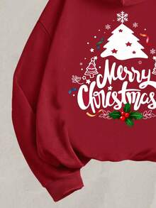 SHEIN Leap Crew 少女休闲复古圣诞树印花长袖连帽加厚卫衣，适合秋冬季、居家、圣诞派对穿着 - 酒紅色 - 查看 5