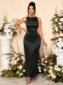 SOLERSUN Vestido de fiesta de mujer de unicolor elegante con cuello drapeado, mangas arrugadas y sin mangas, perfecto para banquetes - Negro - Ver 3