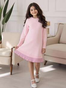 Vestito semplice ed elegante con collo rotondo per ragazze, adatto per casa, uscite, feste, ritorno a scuola - Rosa - Visualizzare 1