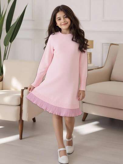 女童圆领简约优雅连衣裙，适合居家、外出、聚会、返校