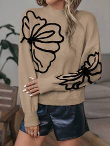 SHEIN LUNE Butterfly Pattern Mock Neck Drop Shoulder Sweater,Long Sleeve Tops Knit Pullover Fall Winter Outfit - Khaki - View 5