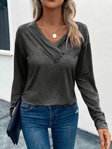 SHEIN LUNE Women's Basic V-Neck Long Sleeve T-Shirt, Casual Everyday Wear - Dark Grey - View 6
