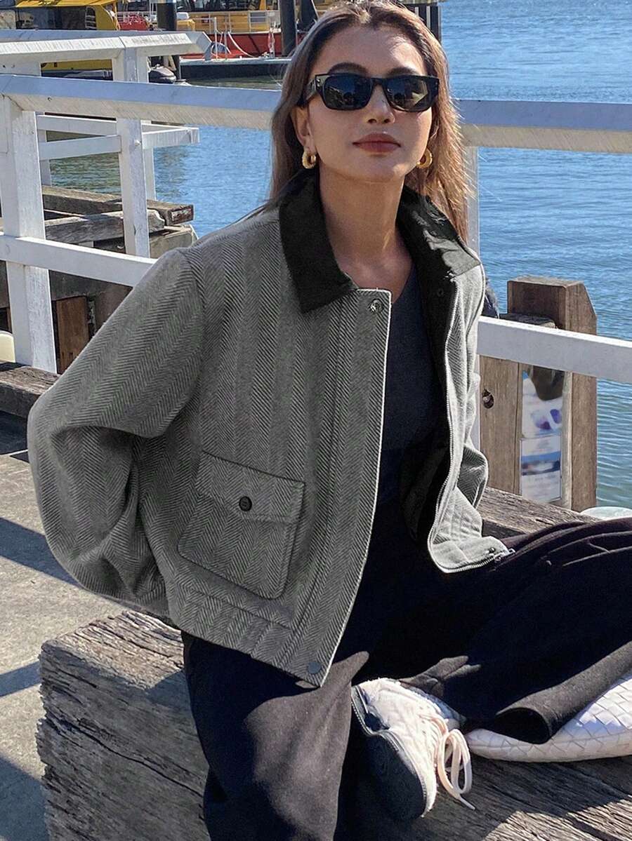 DAZY Women's Herringbone Splice Contrast Collar Woolen Coat Y2k - Black - View 1