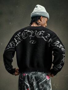 AXEPEAK Vintage Distressed Crew Neck Pullover Sweater For Men - Black - View 3