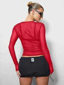 SUMWON WOMEN Long Sleeve Mesh Semi Sheer Crop Top For Festival Party Club Wear With Round Neckline - Red - View 2