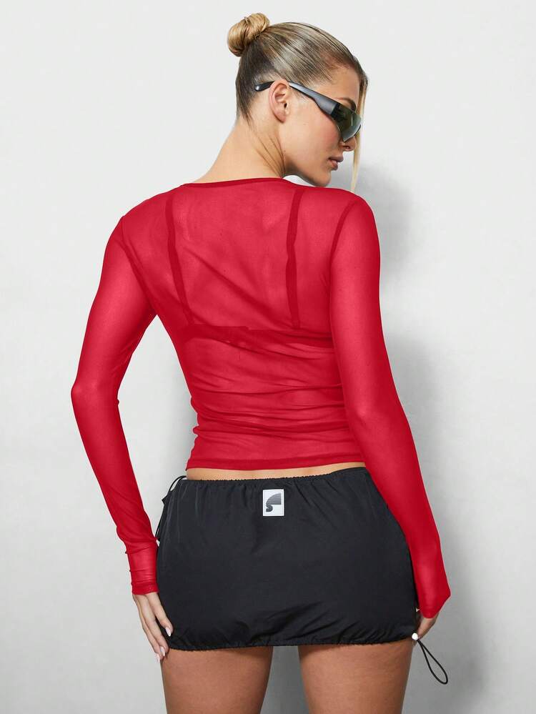 SUMWON Long Sleeve Mesh Semi Sheer Crop Top For Festival Party Club Wear With Round Neckline