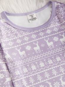女童贴身圣诞睡衣套装，轻薄保暖贴身睡衣，适合青少年，紫色驯鹿和圣诞树印花休闲简约圆领长袖上衣和裤子，亲子装 - 紫色 - 查看 5