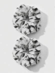 ROMWE Kawaii 2pcs Retro Chic Fashionable High-Quality Black & White Leopard Print Fluffy Scrunchies Set, Versatile Combo Suitable For Women, Daily Wear Or Gift