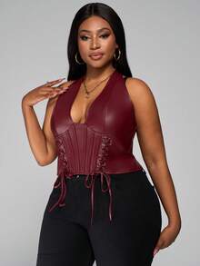 SHEIN PETITE CURVE 大码女式纯色简约休闲 PU 皮革露背领扣眼装饰系带背心 Y2K 外出酒红色 V 领露肩上衣 - 酒紅色 - 查看 3