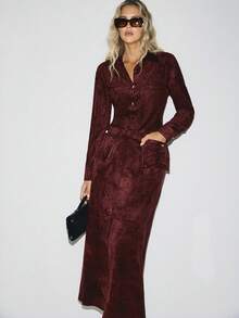 ATUI Studio Women's Long Sleeve Single-Breasted Pocket Top And Fitted Midi Skirt Set Women's Teacher Uniform, Comfortable And Casual Style, Versatile In All Seasons, Daily Wear, Comfortable And Casual, Street Fashion Clothes, Coffee Shop Clothes, Casual Clothes, Suitable For All Seasons Low-Key And Durable Basic Styles, Street Fashion, Coffee Shop Clothes - Burgundy - View 6