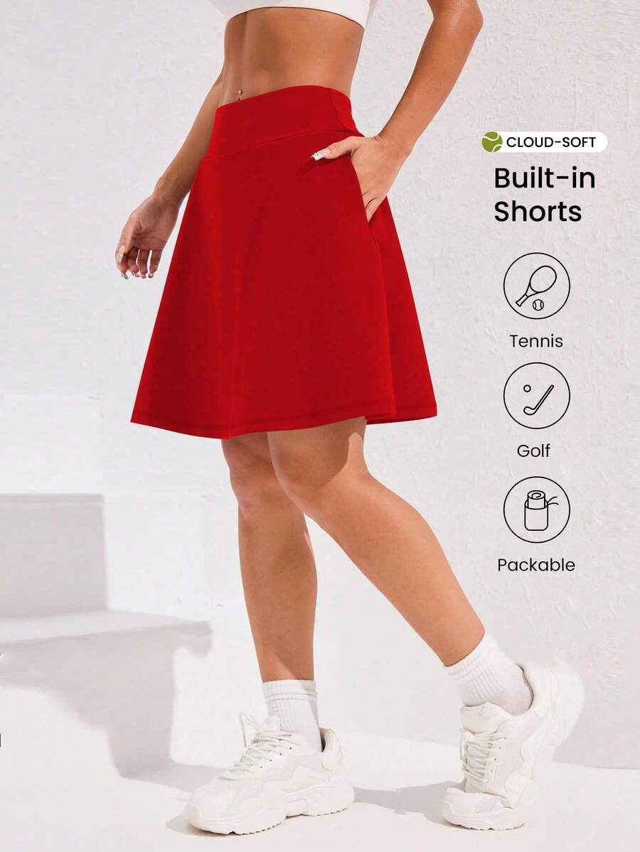 Easithlete 高腰运动裙带口袋，瑜伽跑步健身防擦伤裙 - 紅色 - 查看 1
