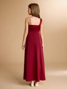 Elegantes Blumen Mädchen-Kleid für Abschluss, Hochzeit, Ball, geeignet für Halloween, Weihnachten, burgunderrotes Satinkleid mit einem Schulterträger, Schleife, rückenfreiem Rücken und Midi-Länge für Tween Mädchen, asymmetrischer Saum, aufgeblähter Prinzessinnen-Stil für den Schulanfang - Bordeaux - Übersicht 2