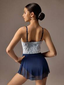 SHEIN 少女海军蓝芭蕾舞紧身衣和裙子套装，修身紧身可调节高端天鹅绒拼接高弹力面料，搭配柔软网眼裙，优雅的芭蕾舞裙 - 藏蓝色 - 查看 2