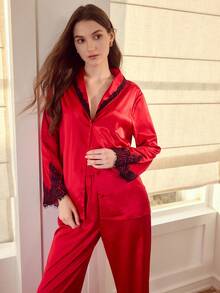 MOTF PREMIUM CONTRAST COLOR TRIM WOMEN'S PAJAMA SET, CHRISTMAS, NEW YEAR - Red - View 5