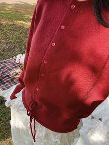 FRIFUL Women's Colorblock Round Neck Long Sleeve Drawstring Hem Bow Cuff Contrast Lace Loose Casual Cardigan, Autumn/Winter - Red - View 5