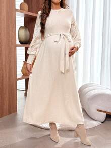 SHEIN Maternity Elegant Solid Color Round Neck Loose Dress, Autumn - Khaki - View 1