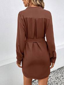 SHEIN LUNE 女士休闲纯色前开襟纽扣连衣裙，秋季款 - 咖啡棕 - 查看 2