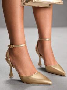 CUCCOO SZL Pointed Toe Backless Strap Elegant Chic Versatile Stiletto High Heels, Gold - Gold - View 9