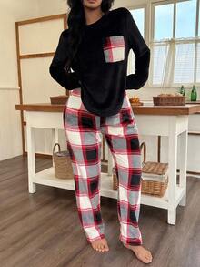 Snug Zone 女士保暖法兰绒格子蓬松睡衣套装，秋冬服装，舒适 - 黑色 - 查看 4