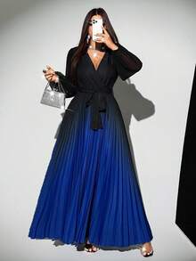 Rafferiza 女式渐变色腰带V领网眼拼布长袖连衣裙 - 彩色 - 查看 7