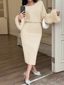 Feyla Robe pull en tricot élégante extra longue pour femmes, automne/hiver - Nude - Voir 4