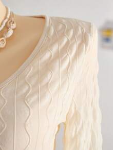 Teen Girls Apricot Solid Textured Knit Fabric Casual Vacation Button V-Neck Long Sleeve Cardigan And Mini Skirt 2-Piece Set, Suitable For Dates, Afternoon Tea, Beach, Cruise, City Vacation, All Seasons, Wedding, Music Festival Top And Skirt Set - Apricot - View 5