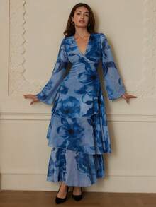 Revavyn 春夏新款印花雪纺多层性感喇叭裙 - 藍色 - 查看 1