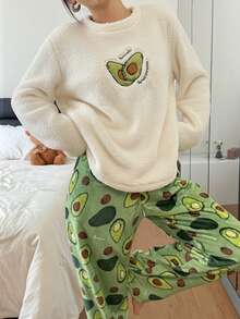 SHEIN 牛油果刺绣蓬松上衣和法兰绒印花长裤女士舒适睡衣套装，冬季服装 - 杏色 - 查看 6