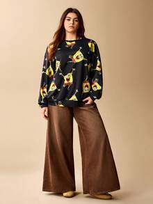 SpongeBob SquarePants | SHEIN Plus Size Cartoon Pattern Black Crew Neck Long Sleeve Pullover Sweatshirt Fall Top 90s - Black - View 4