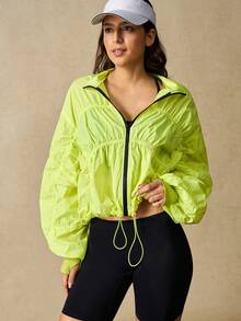 VARSIVA Fluorescent Yellow Casual Pleated Zipper Drawstring Hem Windproof Sports Jacket. - Green - View 7