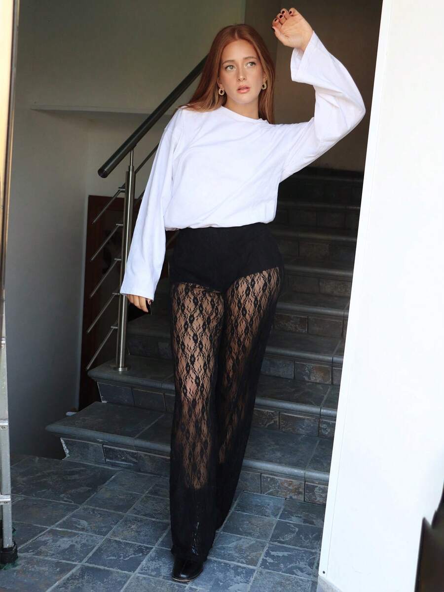 SILVIA DI SANTO 女士松紧腰花卉蕾丝直筒宽松时尚裤 - 黑色 - 查看 1