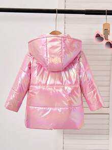 Abrigo acolchado con capucha y cremallera frontal de unicolor para niña, invierno - Rosa Pálido - Ver 2