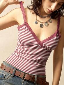 Bohemela Casual Knit Striped Camisole For Women - Red and White - View 1
